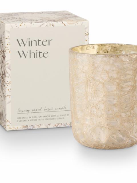 Winter White Crackle Verre Bougie, Blanc, 