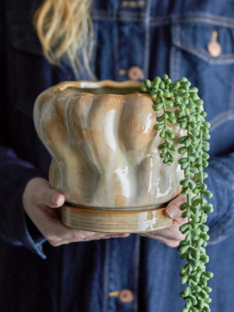 Hollis Flowerpot w/Saucer, Nature, Stoneware