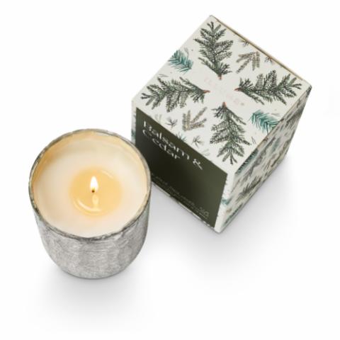 Balsam & Cedar Crackle Glass Candle, Green,