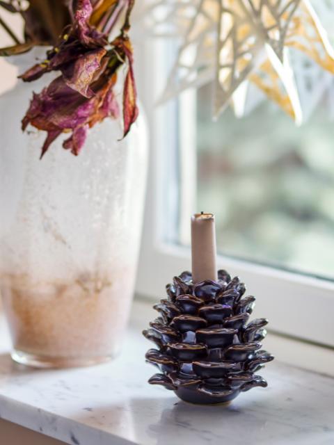 Pine Candle Holder, Brown, Stoneware