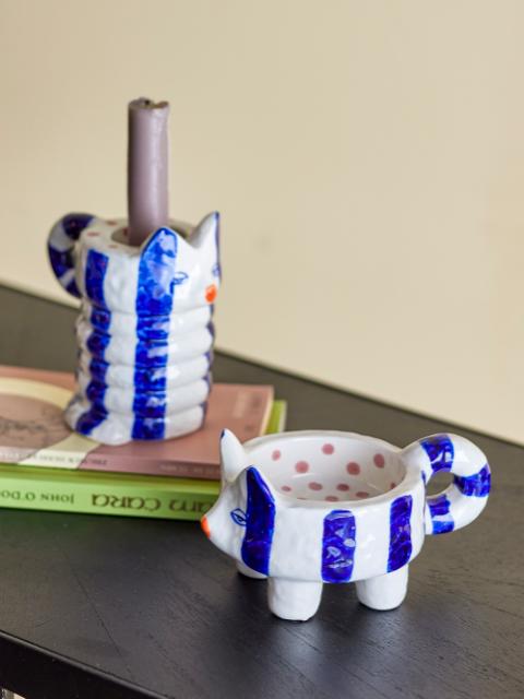 Caty Candle Holder, Blue, Stoneware