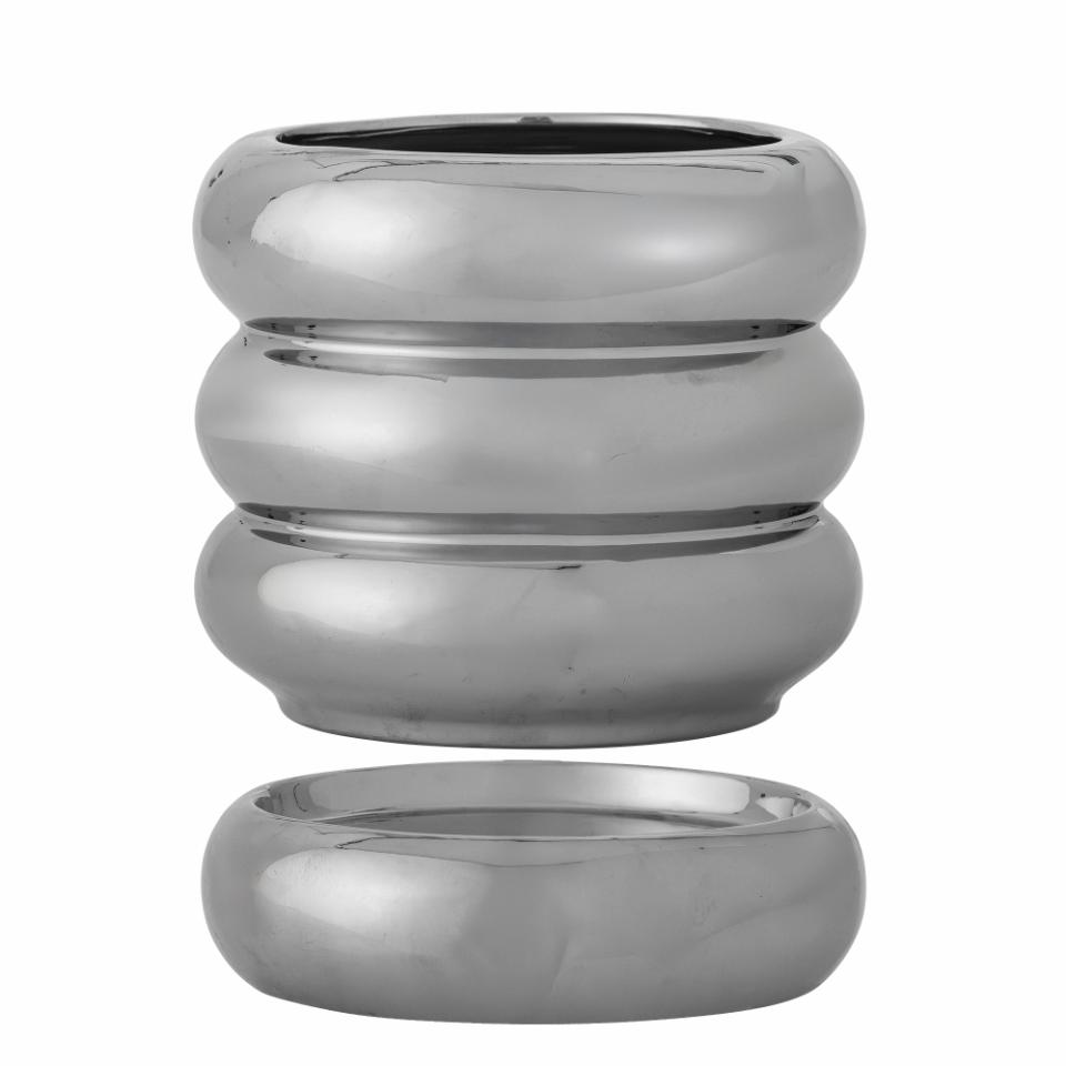 Shine Blumentopf mit Untertasse, Silber, Steingut