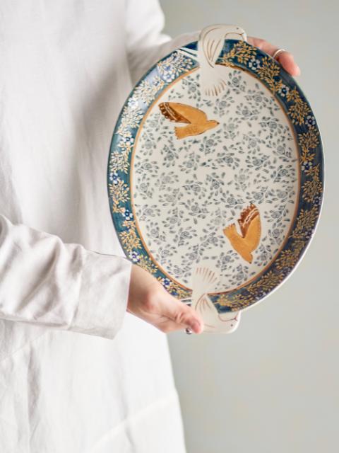 Hezha Serving Tray, Blue, Stoneware