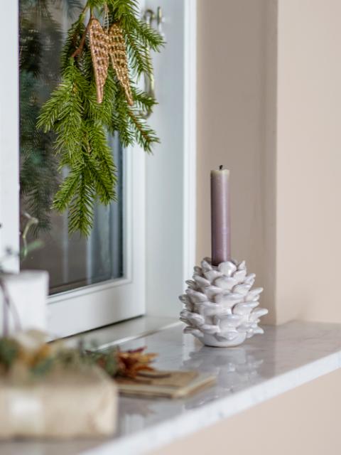 Pine Candle Holder, White, Stoneware
