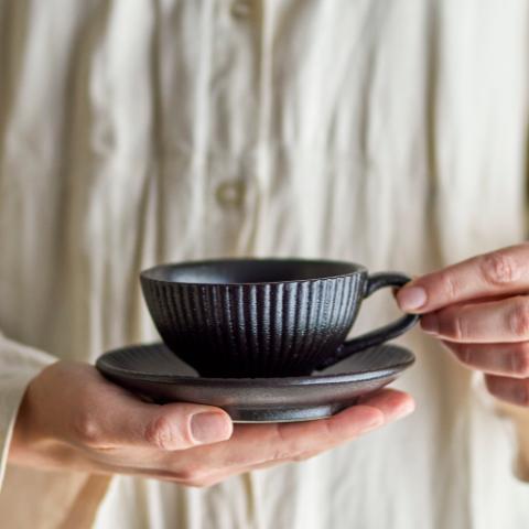 Neri Tasse à cappuccino avec soucoupe, Noir, Grès