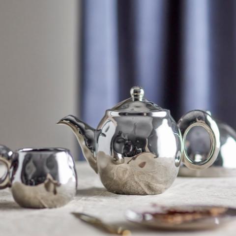 Shine Teapot w/Teastrainer, Silver, Stoneware